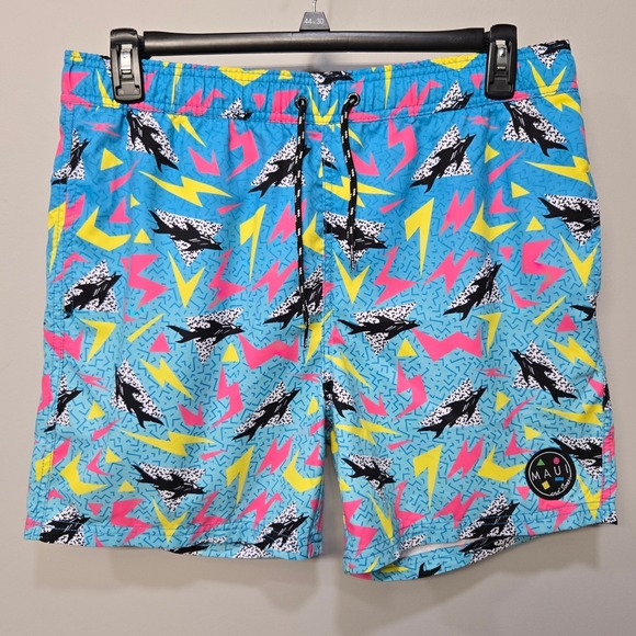 Maui & Sons Swim Trunks Pool Shorts Men XL Blue Blender Retro Neon 80s Shark Fun - Picture 1 of 10